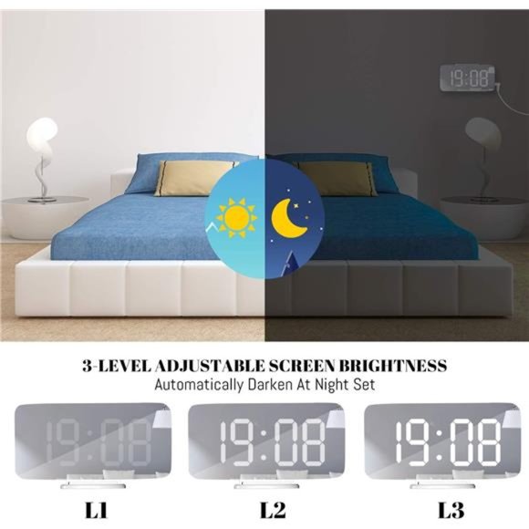 Digital Alarm Clock,Large Mirrored LED Display, with USB Charger,Snooze Function - Picture 2 of 5